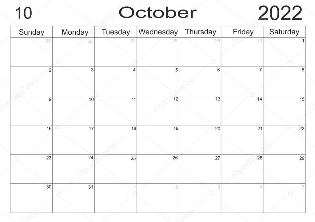 Calendar October 2022 schedule with blank note for to do list on paper background. Planner October 2022. Empty cells of planner. Monthly organizer. Calendar 2022. Sunday start