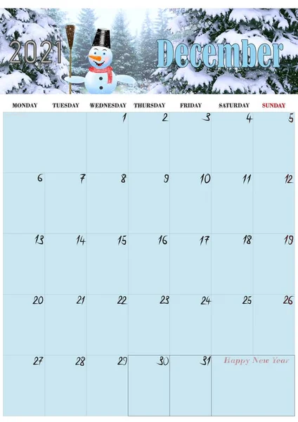 Vacker Kalender För December 2021 Med Foto Vinter Snögubbe Hemplanerare — Stockfoto