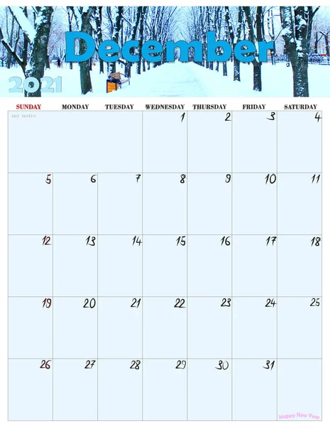 Красивый Календарь Декабрь 2021 Года Фотографией Зимнего Парка Планировщик Календарь — стоковое фото