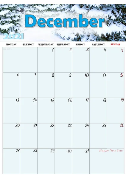 Krásný Kalendář Prosinec 2021 Fotografiemi Zimního Parku Domácí Plánovač Kalendář — Stock fotografie
