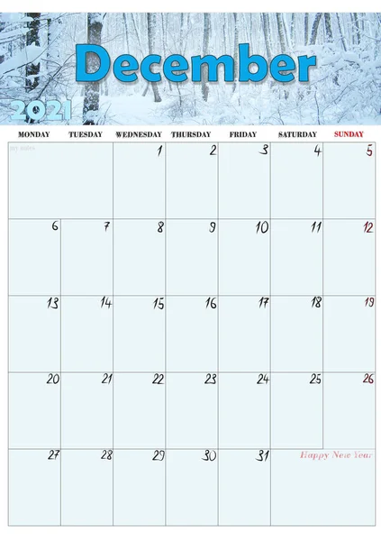冬の森の写真と2021年12月の美しいカレンダー ホームプランナー 印刷やオフィスライフでの使用のためのカレンダー ビジネスプランナー オフィスプランナー 12月のカレンダー — ストック写真