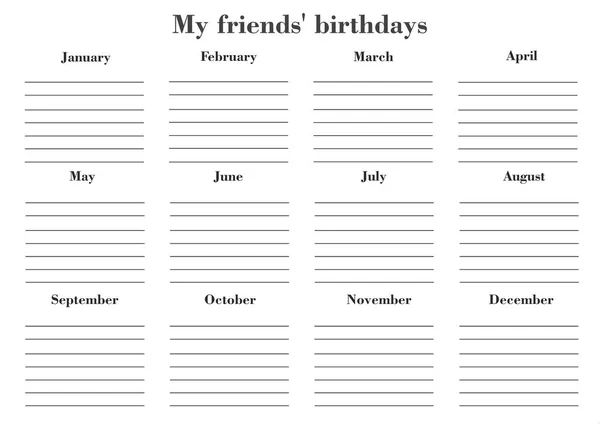 Vrienden Verjaardagsplanner Jaarlijks Kalender Van Vrienden Verjaardag Het Engels Blanco — Stockfoto