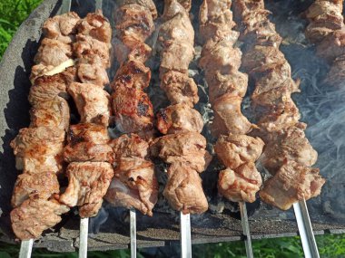 Yangın portre üzerinde et pişirme parçaları. Pişmiş domuz eti. Açık havada barbekü yemek. Domuz eti ızgara parçaları. Hazırlanan Barbekü ızgara Kebab