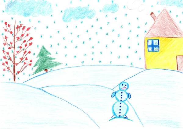Rysunek Dzieci Bałwanami Domy Świerki Zimowy Krajobraz Wsi Dziecinna Sztuka — Zdjęcie stockowe