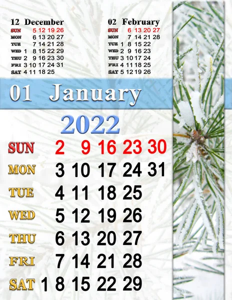 2022年1月日历 松枝被雪覆盖 2022年摄影日历 简单的日历 可打印的 字母大小 办公室规划师星期日开始 — 图库照片
