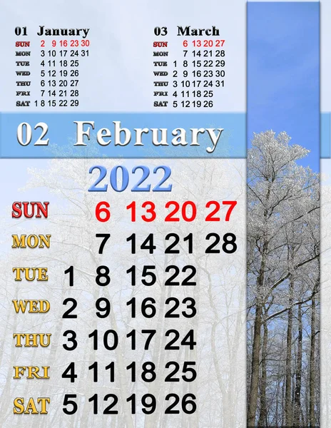 2022年2月的日历 树上覆盖着白霜 2022年摄影日历 简单的日历 可打印的 字母大小 办公室规划师星期日开始 — 图库照片