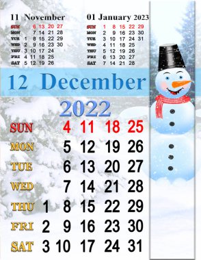 Aralık 2022 için Peri Kardan Adam 'la takvim. Noel tatili. Aylık takvim Aralık 2022. Takvim Yazdırılabilir. Mevsimlik doğal fotoğraflı duvar takvimi. Renkli yaprakları olan sonbahar parkı