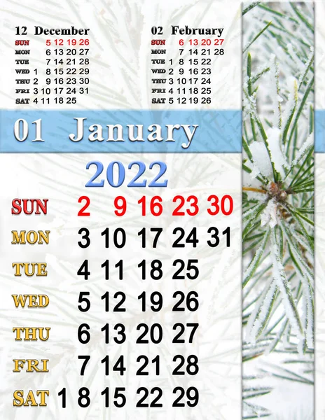 Календарь Январь 2022 Года Сосновой Веткой Покрытой Снегом Фотокалендарь 2022 — стоковое фото
