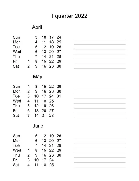 Calendario Secondo Trimestre 2022 Tre Mesi Trimestri 2022 Calendario Trimestrale — Foto Stock