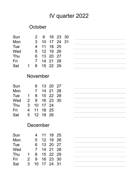 Kalendář Čtvrté Čtvrtletí2022 Tři Měsíce Čtvrtletí2022 Čtvrtletní Kalendář Angličtiny Měsíční — Stock fotografie