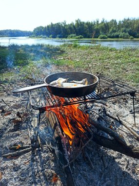Balık nehir kıyısında kızartma tavasında kızarır. Taze balık pişiriyorum. Başarılı bir balık avı. Lezzetli balık yemeği ateşte kızardı. Kızarmış balığın tabağı ateşte pişiyor. Nehir kenarında iyi dinlenmeler.