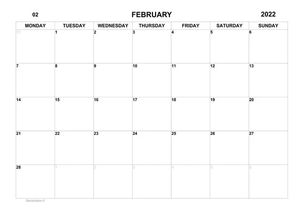 Planner February 2022 Schedule Month Monthly Calendar Organizer February 2022 — Foto de Stock