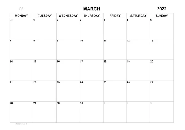Planificador Para Marzo 2022 Horario Del Mes Calendario Mensual Organizador — Foto de Stock