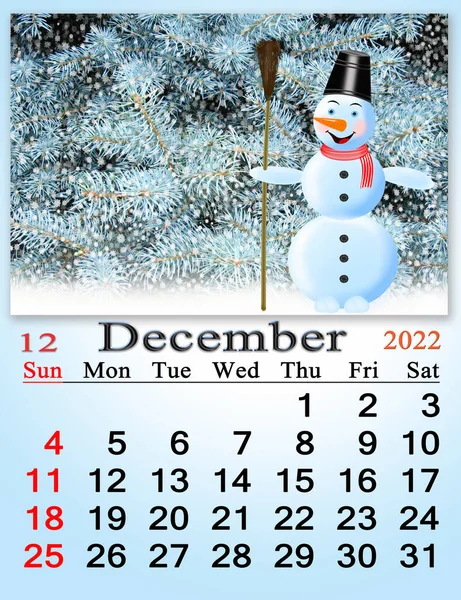 2022年12月の美しいカレンダー新年の木と素晴らしい雪だるまの写真 雪だるまとカレンダー付きの新年の木 ホームプランナー — ストック写真