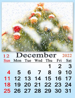 calendar for December 2022 with fairy New Year tree. Christmas holidays. Monthly calendar December 2022. Calendar Printable. wall calendar with seasonal photo. Autumnal park with multicolored leaves