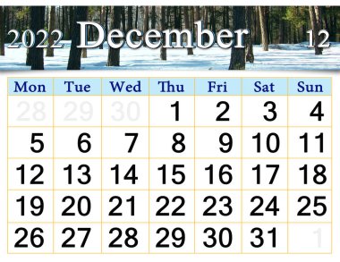 beautiful calendar for December 2022 with image of wintter pine forest covered in snow. New Year month with pine wood covered with layer of snow. Home planner. weather calensar
