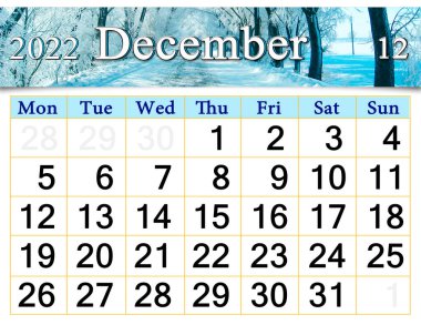 beautiful calendar for December 2022 with picture of winter road covered with snow and hoarfrost. New Year month with trees covered with frost and calendar. Home planner. weather calensar