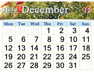 calendar for December 2022 with fairy New Year tree. Christmas holidays. Monthly calendar December 2022. Calendar Printable. wall calendar with seasonal photo. Autumnal park with multicolored leaves