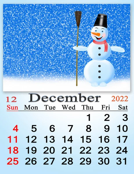 Calendário Para Dezembro 2022 Com Boneco Neve Fada Férias Natal — Fotografia de Stock