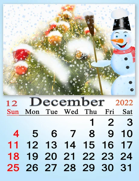 2022年12月与仙女雪人的日历 圣诞节假期 2022年12月 日历可打印 挂历与季节性自然照片 有五彩斑斓叶子的自动公园 — 图库照片