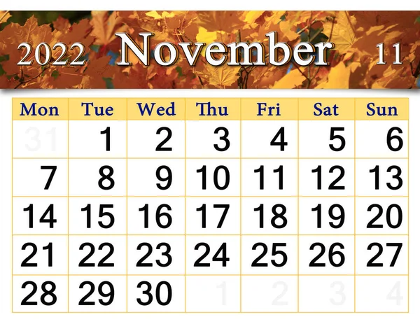 Calendar November 2022 Autumn Park Fallen Leaves Autumn Park Autumn — 图库照片