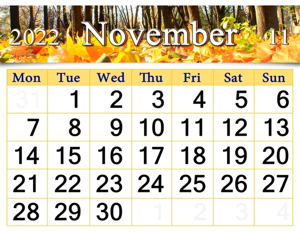 Calendar November 2022 Autumn Park Fallen Leaves Autumn Park Autumn — стоковое фото