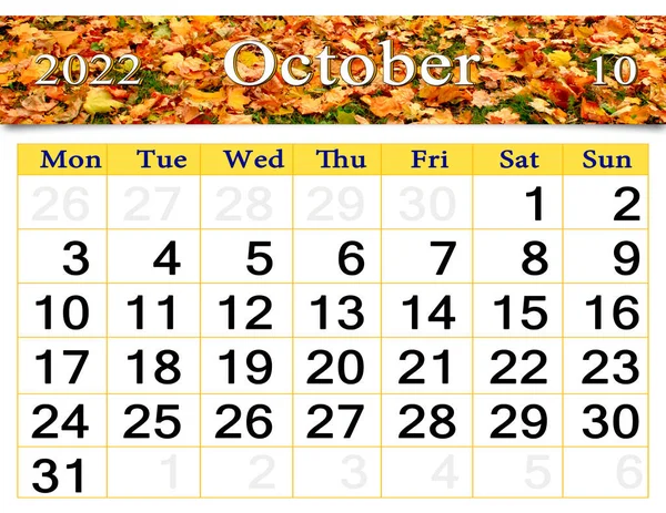 2022年10月のカレンダー秋の公園の落ち葉と 秋のカレンダー2022年10月 カレンダー印刷可能 自然写真付きの壁のカレンダー 黄色の葉を持つ秋の公園 — ストック写真