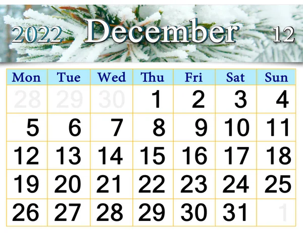 Beautiful Calendar December 2022 Picture Pine Branch Covered Snow New — Stock Photo, Image