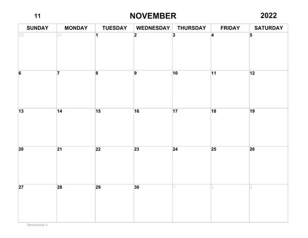 Planner for november 2022. Schedule for month. Monthly calendar. Organizer for month 2022. Business plan. To do list for november month. Empty cells of planner. Monthly organizer. Sunday start