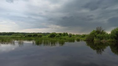 Göl fırtınası geliyor. Bulutlu gökyüzü durgun suya yansıyor. Suyun içinde sazlıklar var. Gölün üzerinde kara bulutlar. Yağmur yağıyor, doğal manzara.