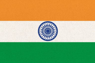 Hindistan 'ın gecikmesi. Kumaş yüzeyinde ulusal Hint bayrağı. Hint ulusal bayrağı desenli arka planda. Kumaş dokusu. Hindistan Cumhuriyeti