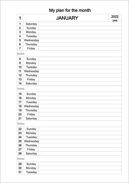 Calendrier Mensuel Planificateur Quotidien Modèle Calendrier Pour Janvier 2022 Année — Photo