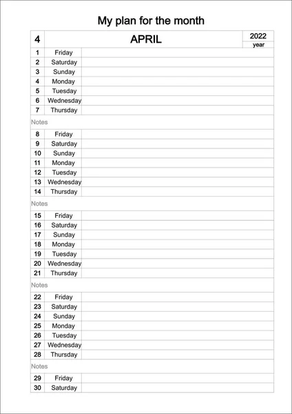 Calendario Mensual Planificador Diario Plantilla Calendario Para Abril 2022 Año — Foto de Stock