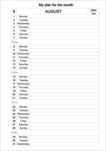 2022 Yılının Ağustos Takvimi Aylık Takvim Günlük Planlamacı Minimalizm Tarzında — Stok fotoğraf
