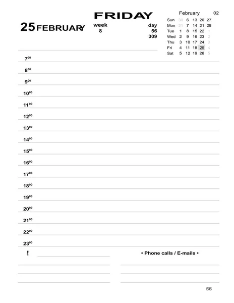 Kalendář 2022 Datované Šablony Únor Února Plánovač Denně Buňkami Vyplnění — Stock fotografie