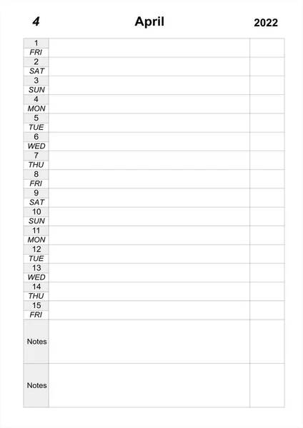 2022年4月のカレンダープランナー プランナーの空のセル ビジネスカレンダー 2022年3月のプランナー １ヶ月の予定だ １ヶ月の予定だ 仕事の主催者 ミニマリズムスタイル — ストック写真