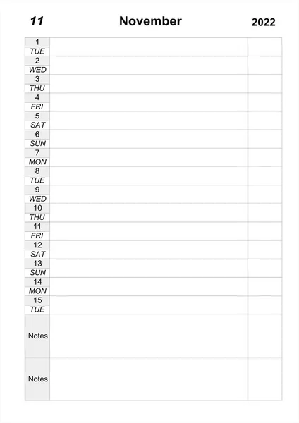 Kalenderplaner Für Die Erste Novemberhälfte 2022 Businessplan Leere Zellen Des — Stockfoto