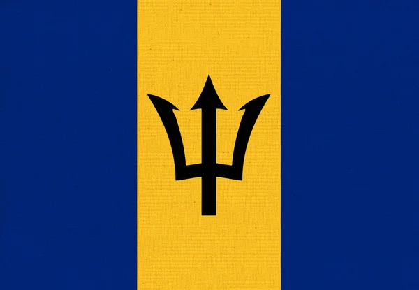 生地の表面にバルバドスの旗 テクスチャの背景にバルバドスの国旗 生地の質感 カリブ海諸島 — ストック写真