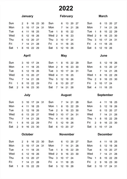 Kalendář 2022 Tisknutelný Kalendář Rok2022 Neděle Začíná Minimalistický Styl — Stock fotografie