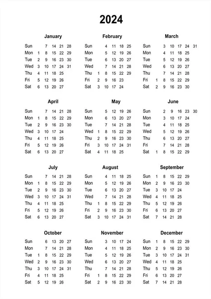 Calendar 2024. Printable calendar for 2024. Sunday start. Minimalist style. yearly calendar