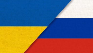 Ukrayna ve Rusya bayrakları. Üç boyutlu illüstrasyon. İki Bayrak Birlikte. Kumaş yüzeyinde bayraklar. Arka planda Ukrayna ve Rusya 'nın ulusal sembolleri. Avrupa ülkeleri. Doğu Avrupa