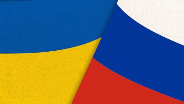 Ukrayna ve Rusya bayrakları. Üç boyutlu illüstrasyon. İki Bayrak Birlikte. Kumaş yüzeyinde bayraklar. Arka planda Ukrayna ve Rusya 'nın ulusal sembolleri. Avrupa ülkeleri. Doğu Avrupa