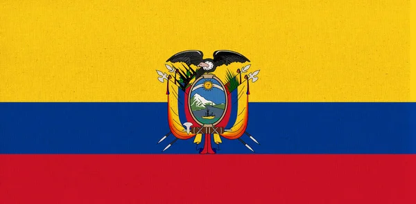 エクアドルの国旗 生地の表面にエクアドル国旗 生地の質感 背景にはウルグアイ国旗が描かれている エクアドル共和国 — ストック写真