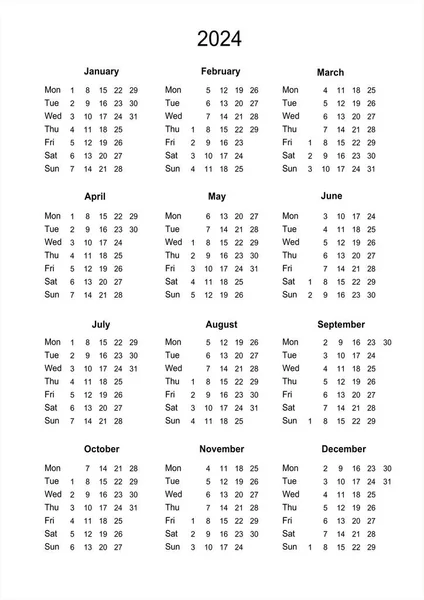 Calendario 2024 Calendario Stampabile 2024 Domenica Inizio Stile Minimalista Solito — Foto Stock