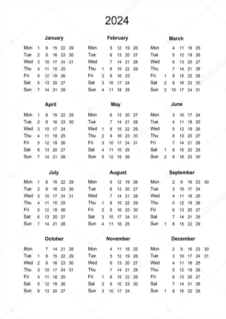 Calendario 2024. Calendario imprimible para 2024. El domingo empieza