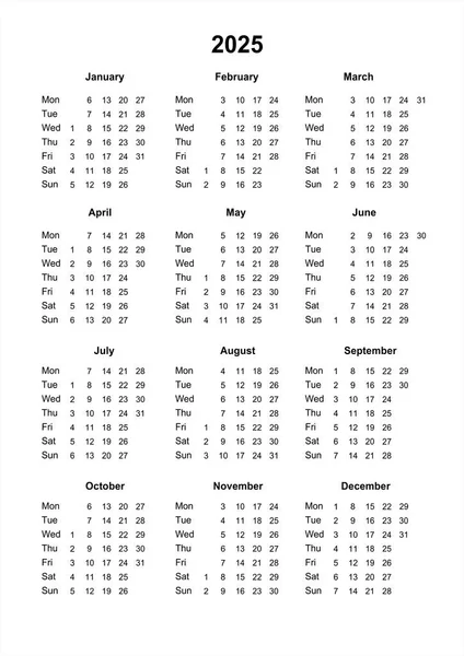 Calendar 2025 Printable Calendar 2025 Sunday Start Minimalist Style Usual — ストック写真