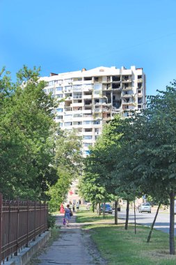 Chernihiv - Ukraine. 18 March 2022: consequences of artillery shelling on houses of peaceful city of Chernihiv in March 2022. multi-storey building in Chernihiv where rocket hit. dilapidated apartment building during Russo-Ukrainian War