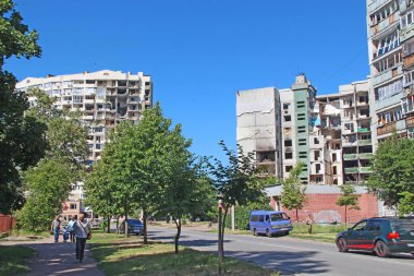 Chernihiv - Ukraine. 18 March 2022: consequences of artillery shelling on houses of peaceful city of Chernihiv in March 2022. multi-storey building in Chernihiv where rocket hit. Consequences of shelling of peaceful Ukrainian cities by Russian army