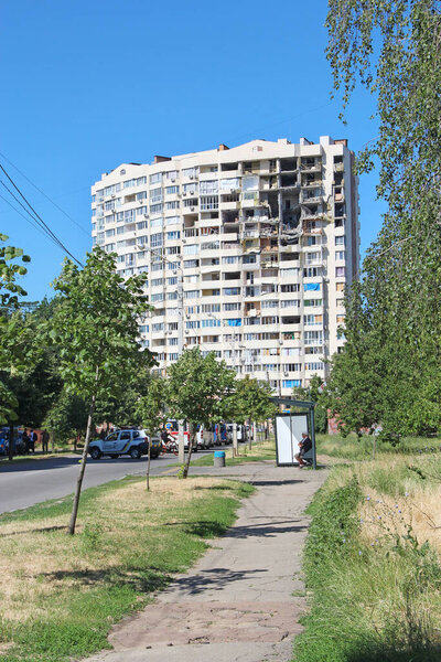Chernihiv - Ukraine. 18 March 2022: ruins of multi-storey buildings after shelling. Burnt houses due to explosions. house was damaged by bombs and aircraft. War between Russia and Ukraine, Chernihiv, March 20, 2022