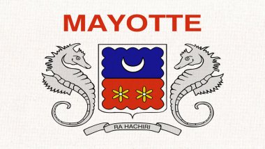 Flag of Mayotte. flag of Mayotte island on fabric surface. Mayotte symbol on textured background. Fabric texture. Island country. 3D illustration. overseas department